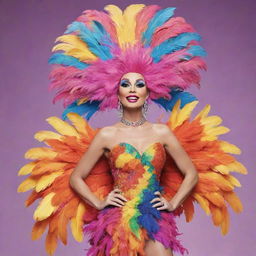 An unidentified cartoon character wearing a vibrant feathered dress costume, ready for a drag race. The character exudes confidence and bold style, ready to take on the challengers.