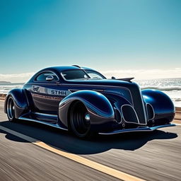 A stunning supercar that showcases an exotic fusion of a 1939 Chevrolet Coupe, featuring a captivating widebody design and wide performance tires that accentuate its imposing presence