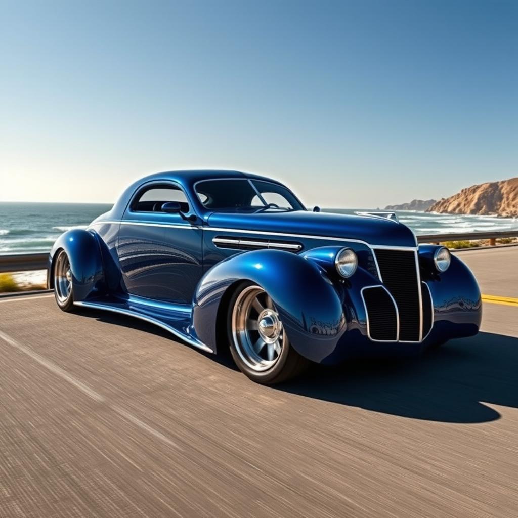 A stunning supercar that showcases an exotic fusion of a 1939 Chevrolet Coupe, featuring a captivating widebody design and wide performance tires that accentuate its imposing presence