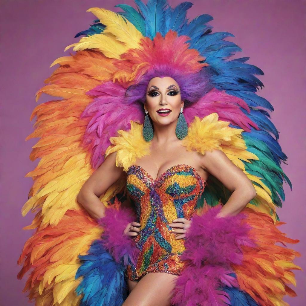 An unidentified cartoon character wearing a vibrant feathered dress costume, ready for a drag race. The character exudes confidence and bold style, ready to take on the challengers.