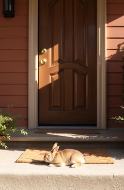 A close-up view of a front door of a cozy house, painted in warm colors