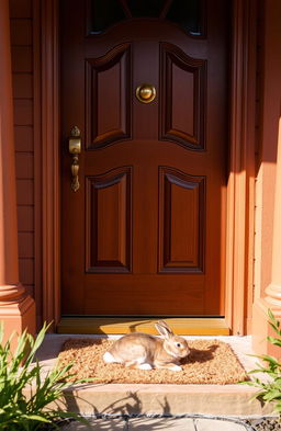 A close-up view of a front door of a cozy house, painted in warm colors