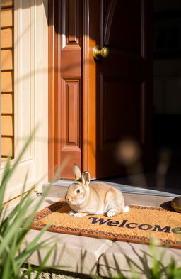 A close-up view of a front door of a cozy house, painted in warm colors