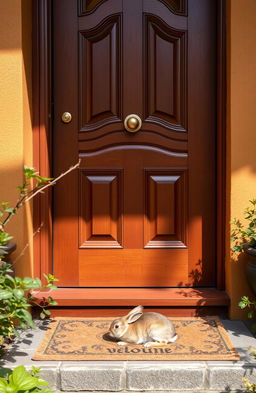 A close-up view of a front door of a cozy house, painted in warm colors