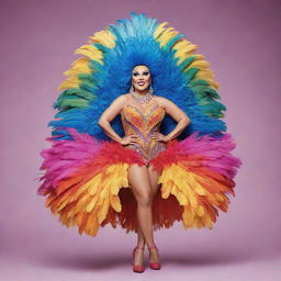 An unidentified cartoon character wearing a vibrant feathered dress costume, ready for a drag race. The character exudes confidence and bold style, ready to take on the challengers.