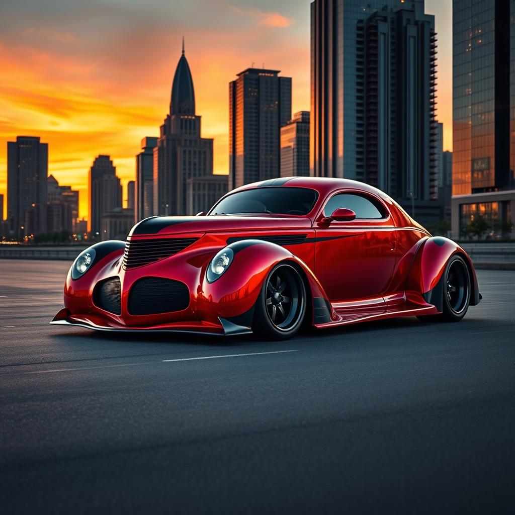 An awe-inspiring supercar showcasing an exotic fusion of a 1939 Chevrolet Coupe, featuring a pronounced widebody design and wide performance tires that reflect its high-octane personality