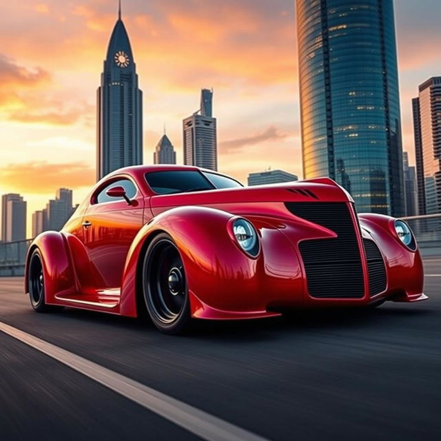 An awe-inspiring supercar showcasing an exotic fusion of a 1939 Chevrolet Coupe, featuring a pronounced widebody design and wide performance tires that reflect its high-octane personality