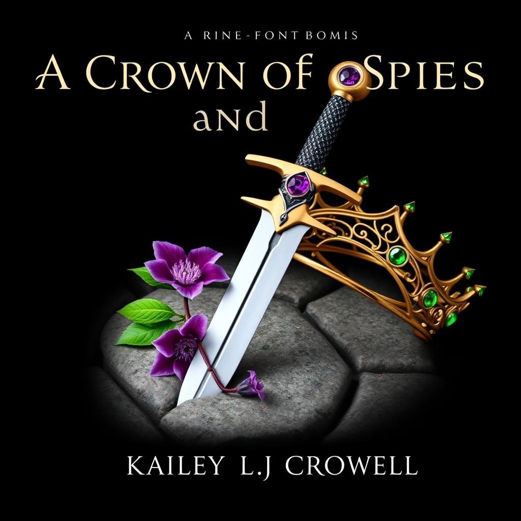 A fantasy book cover featuring a black background titled 'A Crown of Spies and Deceit', authored by Kailey L