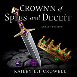 A fantasy book cover featuring a black background titled 'A Crown of Spies and Deceit', authored by Kailey L