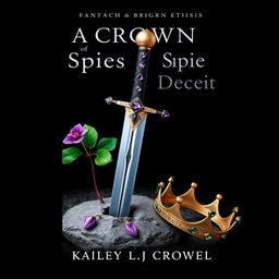 A fantasy book cover featuring a black background titled 'A Crown of Spies and Deceit', authored by Kailey L