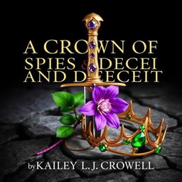 A fantasy book cover featuring a black background titled 'A Crown of Spies and Deceit', authored by Kailey L