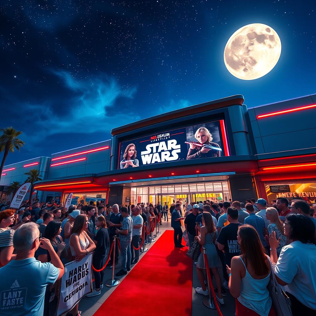 An exciting movie premiere scene at a futuristic cinema featuring a large crowd outside, colorful lights, and a red carpet