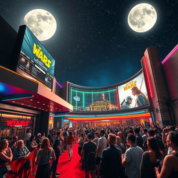 An exciting movie premiere scene at a futuristic cinema featuring a large crowd outside, colorful lights, and a red carpet