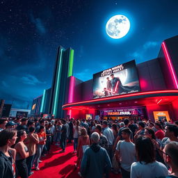 An exciting movie premiere scene at a futuristic cinema featuring a large crowd outside, colorful lights, and a red carpet