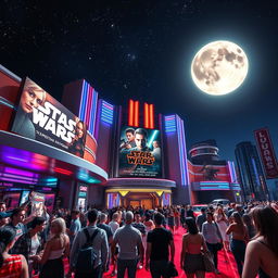 An exciting movie premiere scene at a futuristic cinema featuring a large crowd outside, colorful lights, and a red carpet