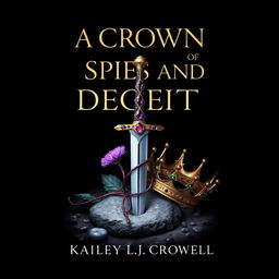 A fantasy book cover featuring a black background titled 'A Crown of Spies and Deceit', authored by Kailey L