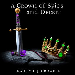 A fantasy book cover featuring a black background titled 'A Crown of Spies and Deceit', authored by Kailey L