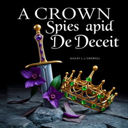 A fantasy book cover featuring a black background titled 'A Crown of Spies and Deceit', authored by Kailey L