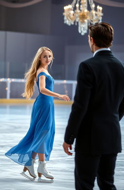 A beautiful blonde woman with grayish eyes, skating on ice while wearing a stunning blue dress