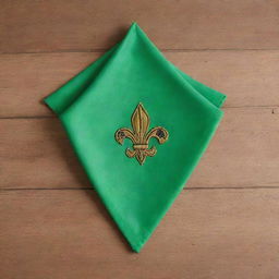 Draw a bright green scout neckerchief, elegantly folded and displaying a scout emblem visible on its triangular tip.