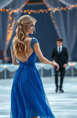 A beautiful blonde woman with grayish eyes, skating on ice while wearing a stunning blue dress