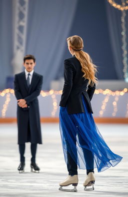 A beautiful blonde woman with grayish eyes, skating on ice while wearing a stunning blue dress