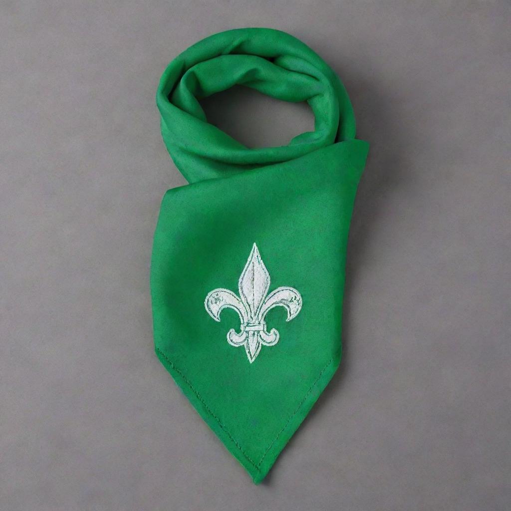 Draw a bright green scout neckerchief, elegantly folded and displaying a scout emblem visible on its triangular tip.