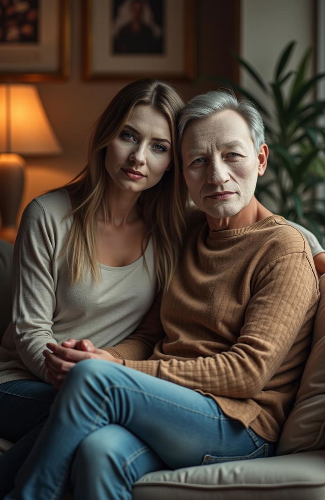 A couple, a man and woman in their forties, sitting together on a stylish sofa