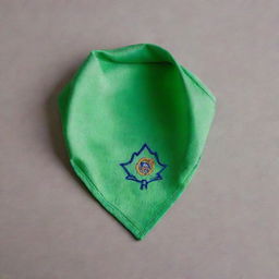 Draw a bright green scout neckerchief, elegantly folded and displaying a scout emblem visible on its triangular tip.