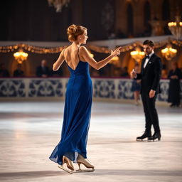 Sophie Simnett ice skating gracefully, wearing a beautiful blue dress, with her back turned to Matthew Daddario, who is dressed in a sharp black suit and holding a cigarette in his hand