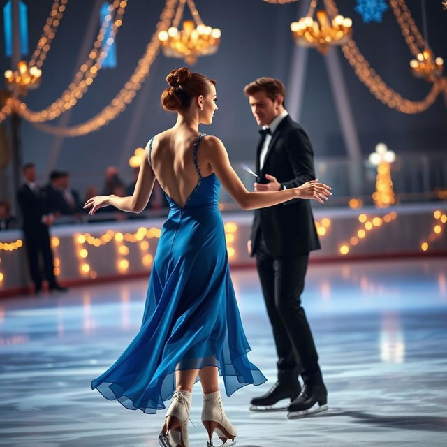 Sophie Simnett ice skating gracefully, wearing a beautiful blue dress, with her back turned to Matthew Daddario, who is dressed in a sharp black suit and holding a cigarette in his hand