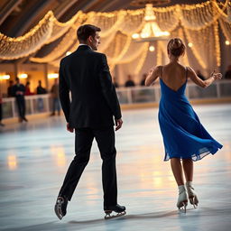 Sophie Simnett ice skating gracefully, wearing a beautiful blue dress, with her back turned to Matthew Daddario, who is dressed in a sharp black suit and holding a cigarette in his hand