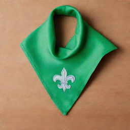 Draw a bright green scout neckerchief, elegantly folded and displaying a scout emblem visible on its triangular tip.