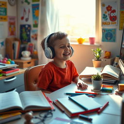 A cozy scene of a young boy sitting at a desk, listening to music through headphones