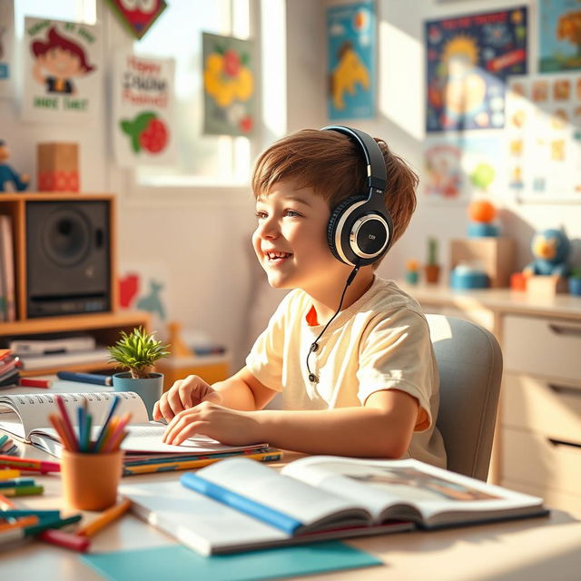 A cozy scene of a young boy sitting at a desk, listening to music through headphones