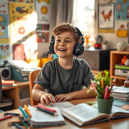 A cozy scene of a young boy sitting at a desk, listening to music through headphones