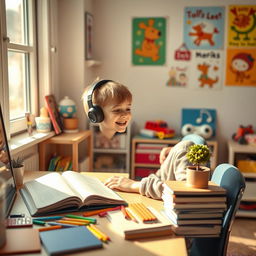 A cozy scene of a young boy sitting at a desk, listening to music through headphones