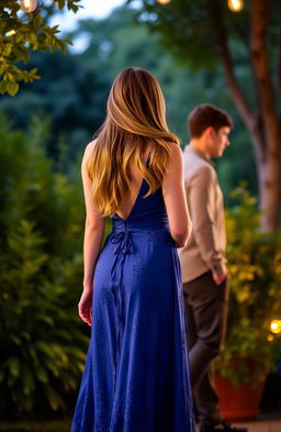 Sophie Simnett wearing a beautiful blue dress, standing with her back turned to Matthew Daddario