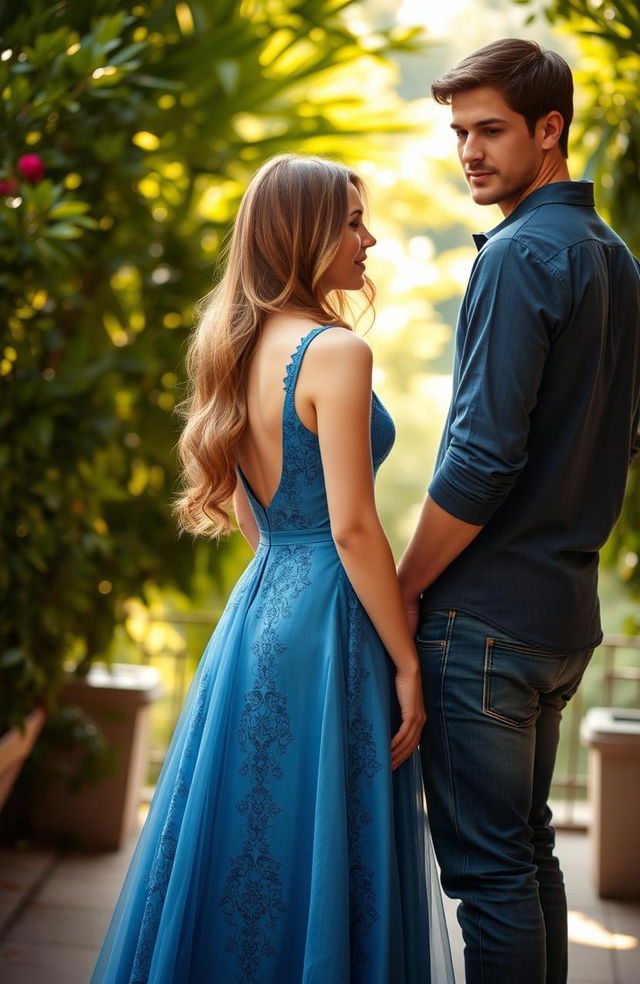 Sophie Simnett wearing a beautiful blue dress, standing with her back turned to Matthew Daddario