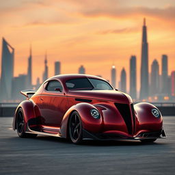 An exquisite hypercar that beautifully fuses the classic design of a 1939 Chevrolet Coupe with a modern widebody structure and wide performance tires, creating an iconic supercar