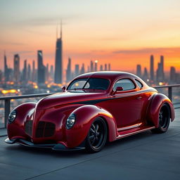 An exquisite hypercar that beautifully fuses the classic design of a 1939 Chevrolet Coupe with a modern widebody structure and wide performance tires, creating an iconic supercar