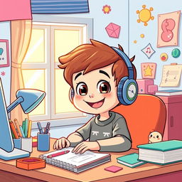 A colorful cartoon illustration of a young boy sitting at a desk, enjoying music with headphones on