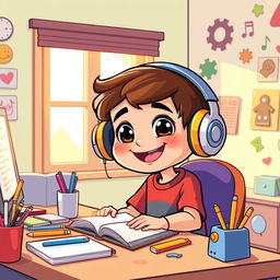 A colorful cartoon illustration of a young boy sitting at a desk, enjoying music with headphones on