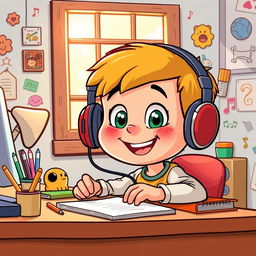 A colorful cartoon illustration of a young boy sitting at a desk, enjoying music with headphones on