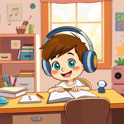 A colorful cartoon illustration of a young boy sitting at a desk, enjoying music with headphones on