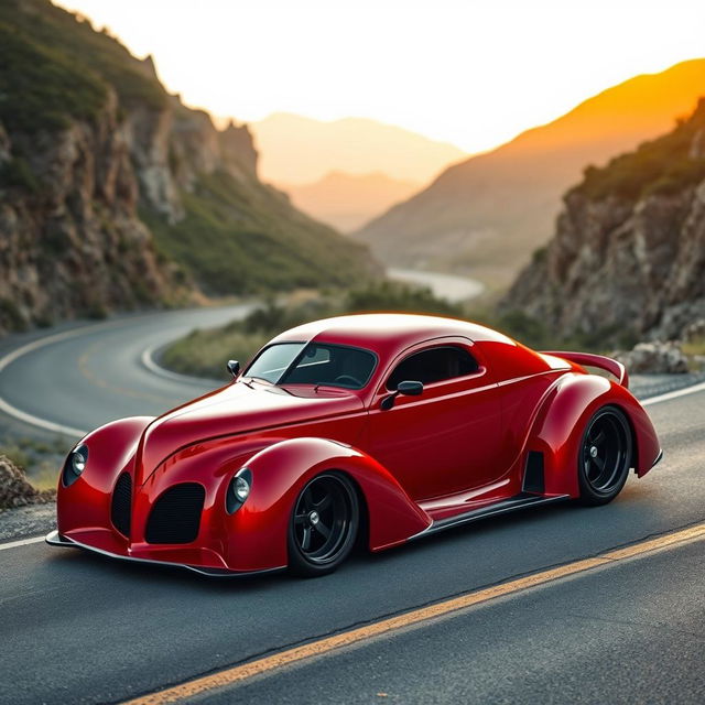 An exquisite hypercar that uniquely fuses the vintage charm of a 1939 Chevrolet Coupe with a modern widebody aesthetic and robust wide performance tires, creating a stunning supercar