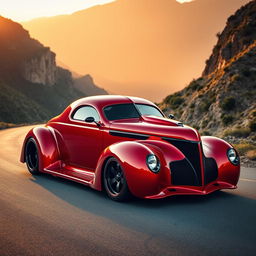 An exquisite hypercar that uniquely fuses the vintage charm of a 1939 Chevrolet Coupe with a modern widebody aesthetic and robust wide performance tires, creating a stunning supercar