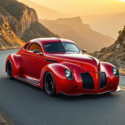 An exquisite hypercar that uniquely fuses the vintage charm of a 1939 Chevrolet Coupe with a modern widebody aesthetic and robust wide performance tires, creating a stunning supercar