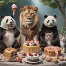 A captivating scene featuring a lion, wolf, cat, dog, and panda, all sitting together harmoniously and sharing a feast of cake, ice cream, and donuts.