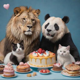 A captivating scene featuring a lion, wolf, cat, dog, and panda, all sitting together harmoniously and sharing a feast of cake, ice cream, and donuts.